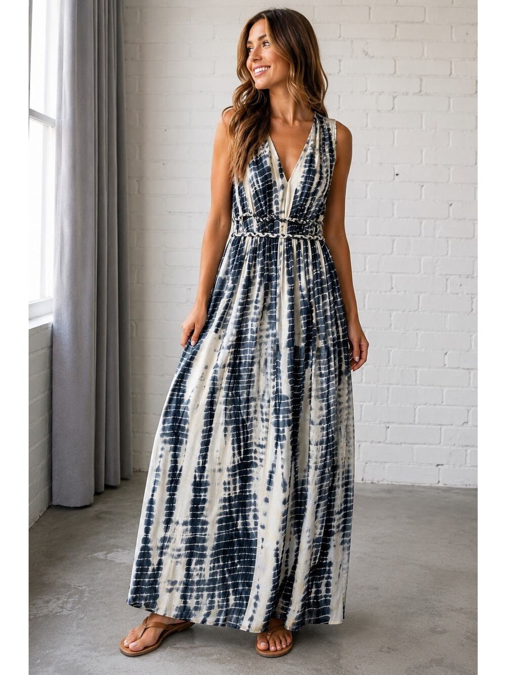 Japna Women’s Medium Blue Ivory Tie Dye Maxi Dress Sleeveless V Neck Boho Beach